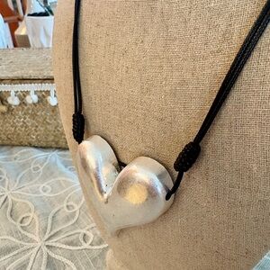 Silver Puffed Heart Pendant Necklace on Leather